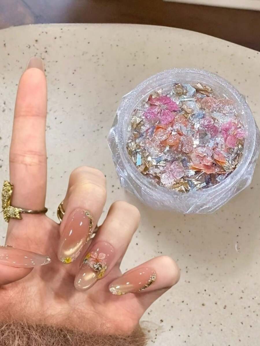 1盒歐泊乾花美甲材料，薄錦緞乾花，亮片美甲裝飾，仙女花園主題美甲飾品 - 彩色 - 查看 1