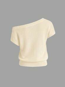 Conjunto casual de 2 piezas para vacaciones de mujer, diseño elegante y versátil, tela acanalada ajustada, top minimalista y elegante con hombros descubiertos combinado con shorts rectos de cintura elástica, primavera/verano - Beis - Ver 9