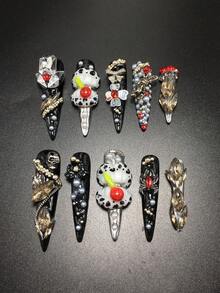 10片装，5.4厘米纯手工制作，精致高跟鞋造型美甲贴片，饰有水钻、豹纹、蜘蛛和骷髅图案。按压式美甲套装，适合女性和女孩，是情人节、派对、节日和日常佩戴的完美之选。美甲配件、亚克力美甲套装、手工按压美甲、假指甲贴纸和美甲用品。 - 彩色 - 查看 2