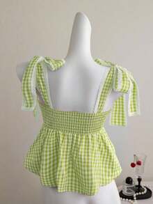 Camiseta de tirantes con volantes y lazo a cuadros linda para mujer - Verde - Ver 2