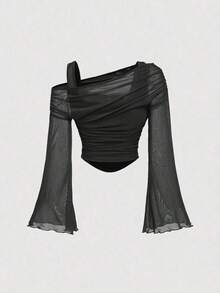 STop largo de mujer con mangas trompeta de 2 en 1 con hombros descubiertos y malla, estilo occidental, vintage, de los 70, The Bachelorette - Negro - Ver 2