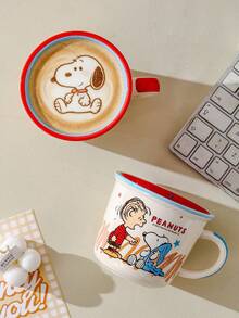Peanuts Snoopy & Charlie Brown Ceramic Mug, 340ml Cute Cartoon Coffee Cup, Red/Blue Rim, Microwave - Multicolor - View 1