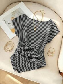 Blusa asimétrica casual y elegante a cuadros, adecuada para ir al trabajo, uso diario casual y vestimenta de negocios de moda / Ropa de otoño para mujer / Atuendos para volver a la escuela / Atuendos de maestra / Blusas para salir / Blusas para salir / Casual de negocios para mujer / Camisa a rayas / Casual de negocios para mujer / Camisas de maestra - Blanco y Negro - Ver 4