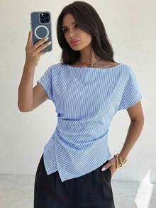 Blusa asimétrica casual y elegante a cuadros, adecuada para ir al trabajo, uso casual diario y vestimenta de negocios de moda para mujer / Vuelta al colegio / Profesora / Blusas para salir / Blusas para salir / Mujer de negocios casual / Camisa a - Azul y blanco - Ver 2