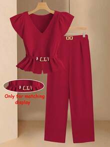 Conjunto informal de mujer con blusa de cuello en V plisada y pantalones de pierna ancha de unicolor - Burdeos - Ver 9