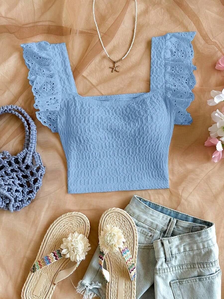 Elegante top corto de mujer de punto con plisados, adornos de encaje floral y diseño ideal para vacaciones - Azul - Ver 1