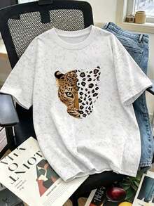Nueva blusa de verano con estampado de cara de leopardo vintage, cuello redondo, teñido anudado y manga corta.Elegante y versátil para mujer. - Blanco - Ver 1