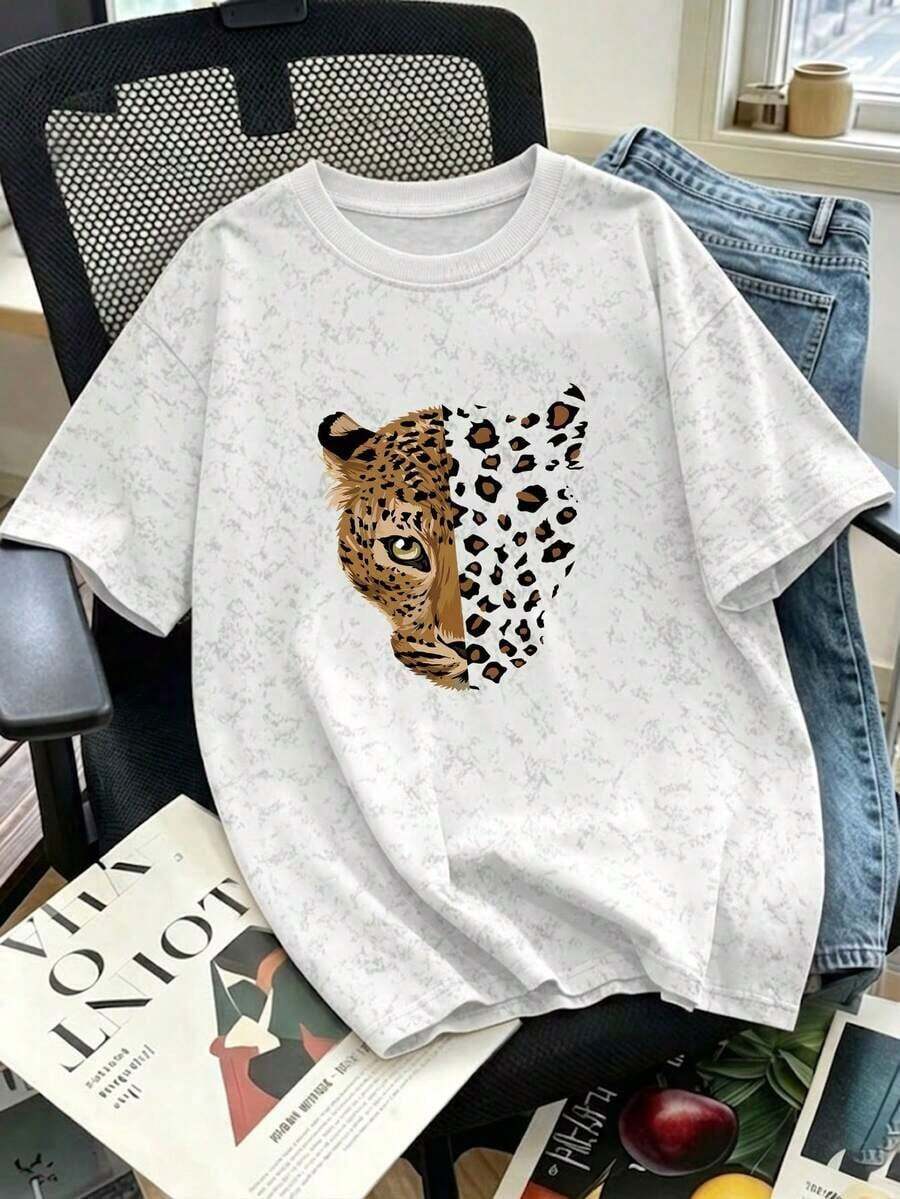 Nueva blusa de verano con estampado de cara de leopardo vintage, cuello redondo, teñido anudado y manga corta.Elegante y versátil para mujer. - Blanco - Ver 1