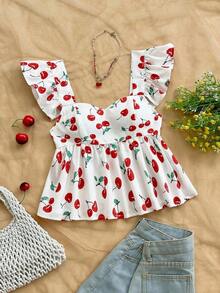 Blusa de corte de línea A con cuello cuadrado, manga corta y estampado retro azul y blanco, adecuada para fiestas, citas, el Día de San Valentín, el té de la tarde - Rojo - Ver 1