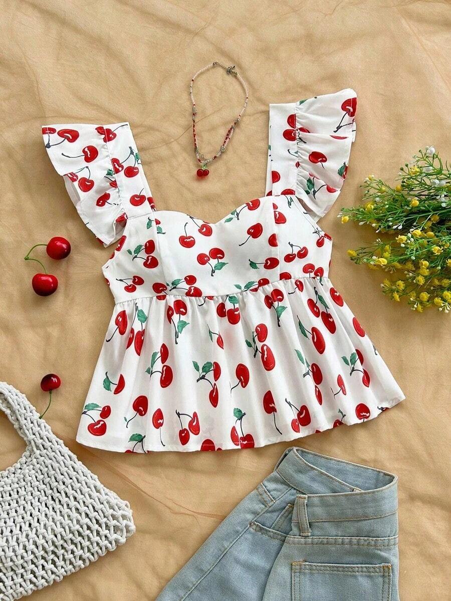 Blusa de corte de línea A con cuello cuadrado, manga corta y estampado retro azul y blanco, adecuada para fiestas, citas, el Día de San Valentín, el té de la tarde - Rojo - Ver 1