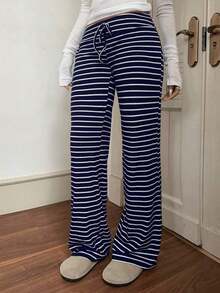 Pantalones deportivos de mujer de tiro bajo a rayas con cordón para la cintura, pantalones anchos de yoga/para el hogar, otoño/invierno - Azul y blanco - Ver 6