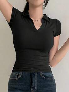 Camiseta polo de manga corta de ajuste ceñido de unicolor para mujer, casual de verano, casual de negocios, tops estilo universitario para mujer - Negro - Ver 4