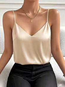 1 pieza Blusa sin mangas de satén de unicolor elegante y de moda para mujer, apropiada para verano, citas por la noche, oficina, vacaciones y uso casual diario, color negro - Champán - Ver 3