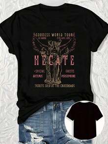 Camiseta de Algodón Estampada a Doble Cara, Cómoda, Elegante con Diseño Minimalista, Casual y Versátil, Estilo INS, Camisetas Gráficas con Diseño de la Géidα Hecate, Artemisa y Persépona del World Tour. - Negro - Ver 1