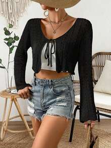 Cárdigan de punto calado de color liso casual para vacaciones - Negro - Ver 3