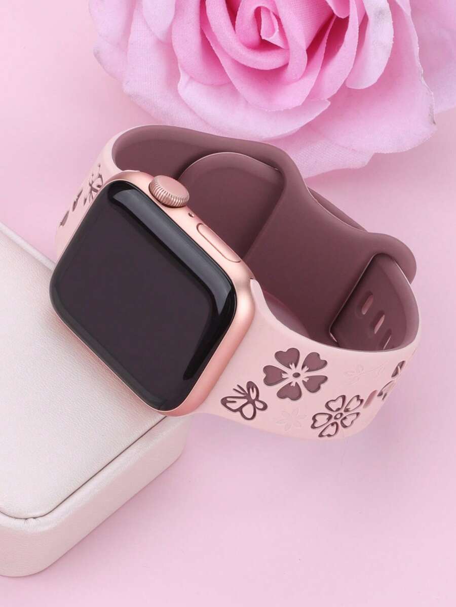 花卉雕刻表带,兼容 41mm、40mm、44mm、45mm、42mm、38mm、49mm、46mm 表带,可爱花朵图案,柔软硅胶运动表带,兼容 Series 11、10、SE、9、8、7、6、5、4、3、Ultra,女士时尚花卉元素表带,兼容 表带 - LD004花卉-粉配煙紫 - 查看 1