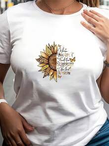 Una camiseta blanca de manga corta y cuello redondo con estampados de girasoles y mariposas, ligeramente holgada, esencial para vacaciones casuales, lavable a máquina pero no apta para limpieza en seco, hecha de tela, adecuada para todas las estaciones - [Blanco] - Ver 1