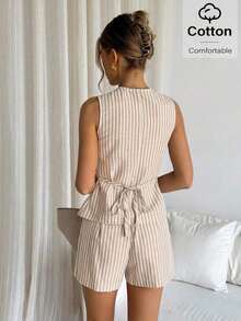 Conjunto de chaleco y pantalones cortos de rayas con botones delanteros para mujer, casual/para ir al trabajo - Multicolor - Ver 5