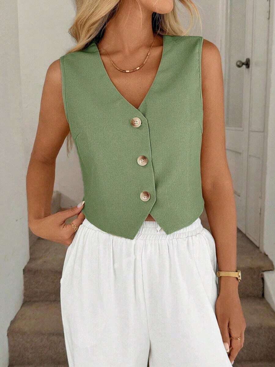Chaleco negro, chaqueta fina, blusa de oficina para mujer - Verde - Ver 1