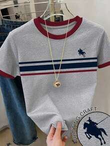 RCamiseta casual de mujer de cuello redondo con estampado gráfico de rayas y bloques de color - Gris - Ver 1