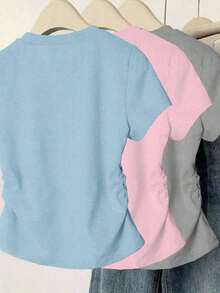 Set de 3 camisetas de mujer de manga corta, cuello redondo, unicolor, con detalle de volantes y estampado de mariposa, de estilo casual y slim para el verano - Multicolor 8 - Ver 2
