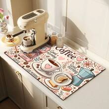 1 pieza Estera de secado de café, Almohadilla para máquina de café, Estera absorbente con tema de café de dibujos animados, Con diseño retro de máquina de café y taza rosa, con decoración floral y de corazones, Adecuada para mesa de comedor y cafetería, Destacando la absorción y el ambiente acogedor, Estera de drenaje multiusos, Regalo para el hogar, Decoración de mesa - XYLSD-348 - Ver 3