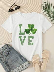 Camiseta Casual Blanca de Manga Corta con Cuello Redondo para Mujer, con Estampado de Trébol LOVE y Diseño de Hombros Caídos IJKS - Blanco - Ver 3