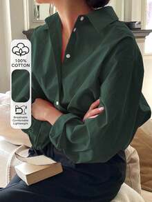 Camisa holgada de mujer de unicolor, de manga larga y de abotonadura sencilla - Verde Oscuro - Ver 1