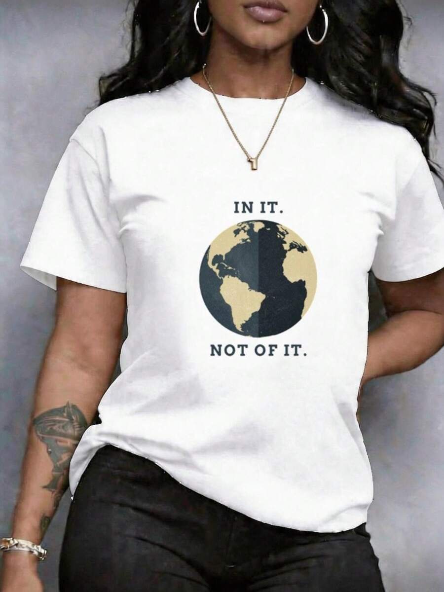 Women's T-Shirt With Floral And Leopard Print In Earth Tones And Text, Casual Style With Short Sleeves And A Round Neck, Plus Size Clothing, Loose Fit, Suitable For Casual Wear At Home, Comfortable, Soft And Breathable Garment, High-Quality Comfortable Finish, Ideal For Leisure, Loose Design That Fits Any Plus Size Body Perfectly - 白色 - 查看 1