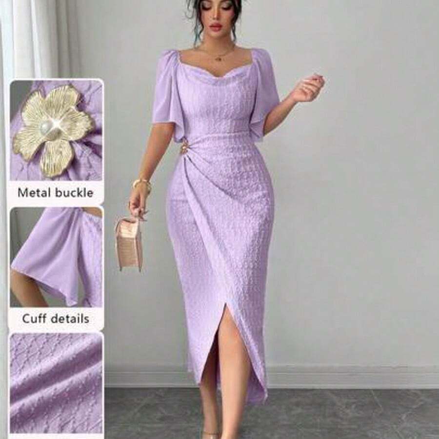 Women's Metal Buckle Color Block Ruffle Collar Petal Sleeve Fitted Elegant Dress, Spring/Summer Dress With Metal Buckle Pink Midi Dress - Morado - Ver 1