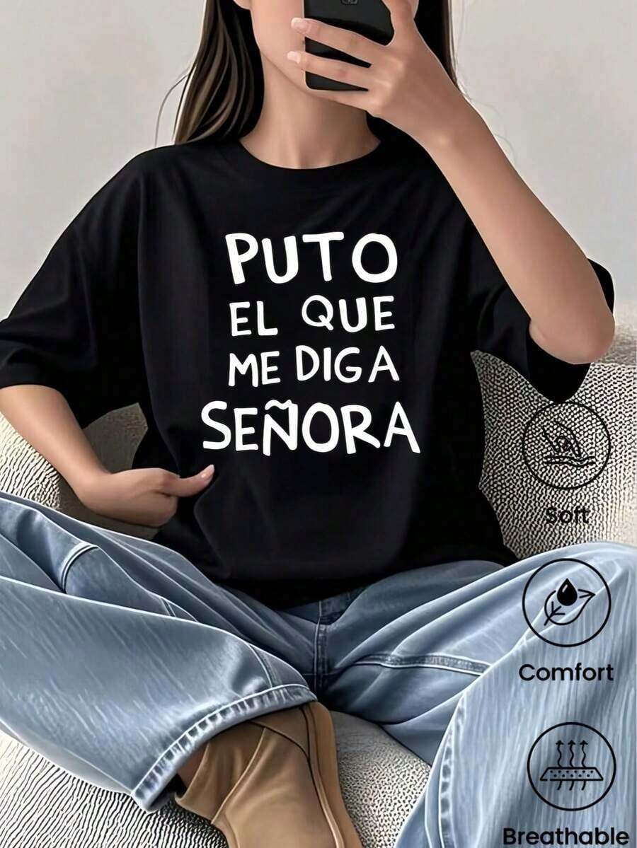 Fashionable Round-Neck, Short-Sleeved T-Shirt, Made In Mexico For The Spring/Summer 2025 Season. Featuring A Cartoon Print, This Matching Couple's Style Is Suitable For Both Tucking In And Wearing Out, For Office And Casual Wear. Designed For Men And Women, Sold Individually. Women's Blouses, Women's T-Shirts, Casual Blouses For Ladies - 黑色 - 查看 1