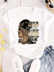 Camisetas gráficas de manga corta 1PS [Camiseta de talla grande con estampado de letras] Camiseta de talla grande con estampado de letras - Top casual de manga corta para primavera y verano - Ropa de mujer 100% algodón SUAVE 100% algodón - Blanco - Ver 5