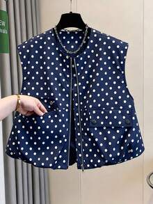 Chaleco corto sin mangas para mujer, blusa sin mangas con lunares y cuello redondo minimalista, diseño de dobladillo con volantes romántico, forrada, blusa versátil para primavera y verano - Multicolor - Ver 12