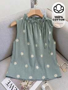 Blusa sin mangas con estampado floral diminuto y cuello con volantes, casual de verano para mujer - Verde - Ver 6