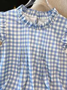 Camisas para mujer sencillas de uso casual/oficina con cuello con volantes, para primavera/verano - Azul y blanco - Ver 6