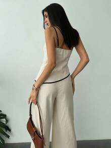 Nuevo conjunto de verano elegante de vacaciones de 2 piezas de lino, con top de cintura fruncida y espalda descubierta de dobladillo asimétrico en color albaricoque y pantalón largo de cintura alta - Caqui - Ver 2