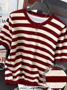 Camiseta de manga corta de cuello redondo a rayas para mujer, de uso versátil y casual para uso diario - Multicolor 3 - Ver 1