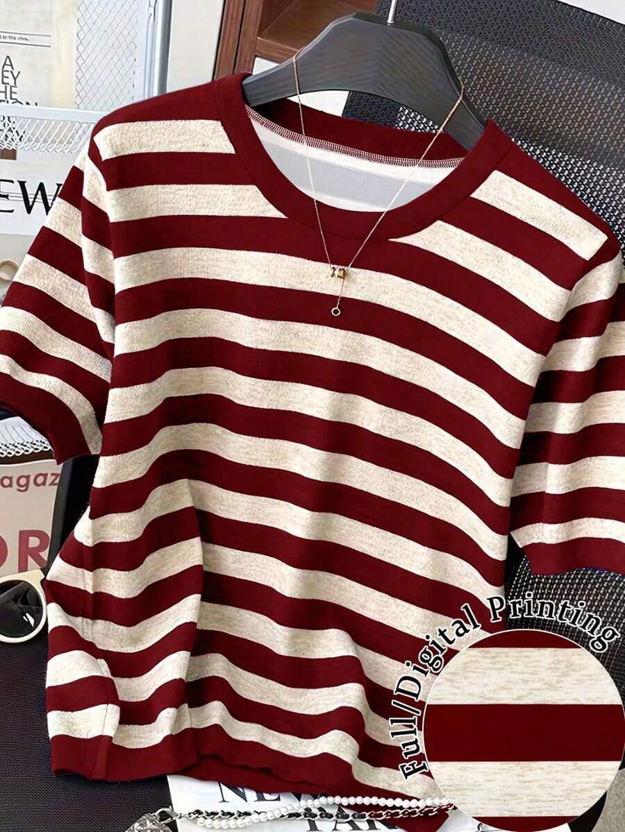 Camiseta de manga corta de cuello redondo a rayas para mujer, de uso versátil y casual para uso diario - Multicolor 3 - Ver 1