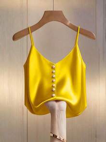 Camiseta de satén de unicolor minimalista y elegante con perlas falsas para mujer, de verano - Amarillo - Ver 5