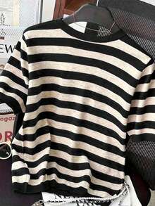 Camiseta de manga corta de cuello redondo a rayas para mujer, de uso versátil y casual para uso diario - Multicolor 5 - Ver 2