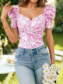Blusa de mujer casual y elegante con estampado floral romántico y cuello en V, manga abullonada, para primavera/verano.Blusa floral de verano, blusa de primavera, blusa de manga abullonada, blusa floral, Blusa floral francesa suave del verano 2026 con cuello de corazón, manga abullonada y ajuste ceñido, blusa de manga corta linda para vacaciones, camisa delgada versátil para uso diario - Rosa 2 - Ver 8