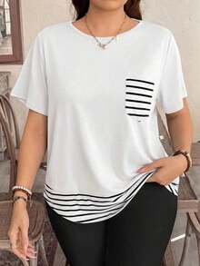 Camiseta casual de talla grande con bolsillo y rayas de contraste, prenda de vestir occidental estilo boho bohemio, top de festival de los 90, verano y primavera - Blanco - Ver 1