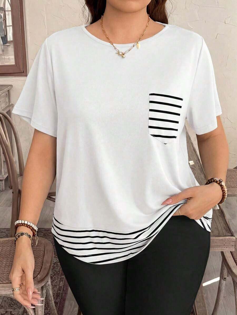 Camiseta casual de talla grande con bolsillo y rayas de contraste, prenda de vestir occidental estilo boho bohemio, top de festival de los 90, verano y primavera - Blanco - Ver 1