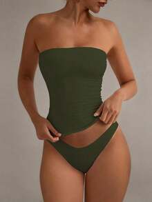 Camiseta sin tirantes sexy básica, top tubo ajustado de unicolor y elástico a la moda, adecuado para mujeres en todas las estaciones, casual negro de verano - Verde militar - Ver 2
