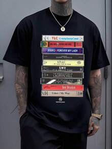 Graphic Tees Men Summer Collection Graphic Tees Men Summer Collection Vintage Graphic With Stacked Retro Music Cassettes As A Tribute To Classic RnB Albums Inspired By The 90s Men's T-Shirt Fashion Perfect For Casual & Holiday Wear Perfect For Casual & Holiday Wear - Black - View 1