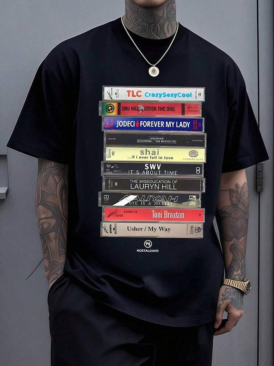 Graphic Tees Men Summer Collection Graphic Tees Men Summer Collection Vintage Graphic With Stacked Retro Music Cassettes As A Tribute To Classic RnB Albums Inspired By The 90s Men's T-Shirt Fashion Perfect For Casual & Holiday Wear Perfect For Casual & Holiday Wear - Black - View 1