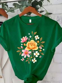 Women's Plus Size Classic T-Shirt - Floral Print T-Shirt - Women's Casual Summer Top - Butterfly Design - Bohemian Style - Black Crew Neck T-Shirt - Short Sleeve Printed Crew Neck T-Shirt, Suitable For Summer/Autumn Wear - Best Seller - 綠色 - 查看 7