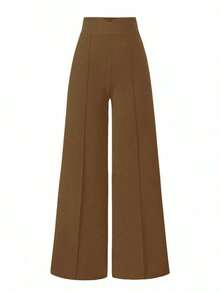 Pantalones anchos de cintura alta de unicolor de uso casual para mujeres - Marrón Mocha - Ver 6