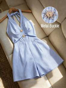 Mono de verano con estilo de vacaciones, de cuello halter, escote en V, sin mangas, espalda descubierta, con decoración de hebilla metálica con girasol. Conjunto de verano para mujer, atuendo de vacaciones, rayas azules y blancas, casual - Azul y blanco - Ver 9