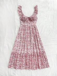 Vestido midi de línea A con cintura fruncida y escote en V, estilo vacacional para mujer.Vestido de línea A con volantes en las mangas tipo campana, de gasa, vestido de verano, adecuado para uso en bodas románticas y almuerzos - Multicolor 2 - Ver 4